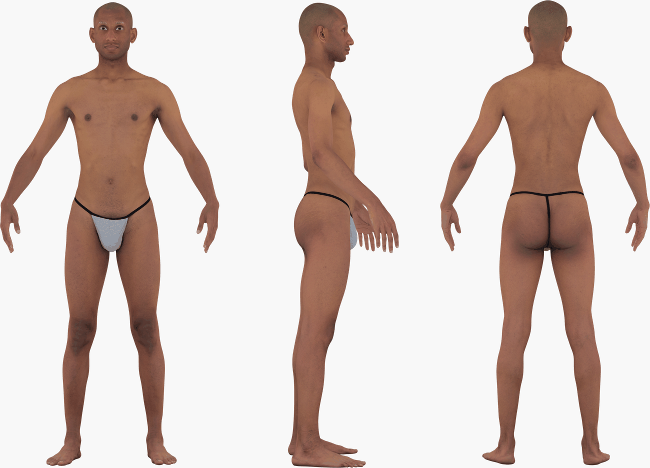 PBR texture map set for a male 3D body scan including albedo, normals, specular and metalness maps